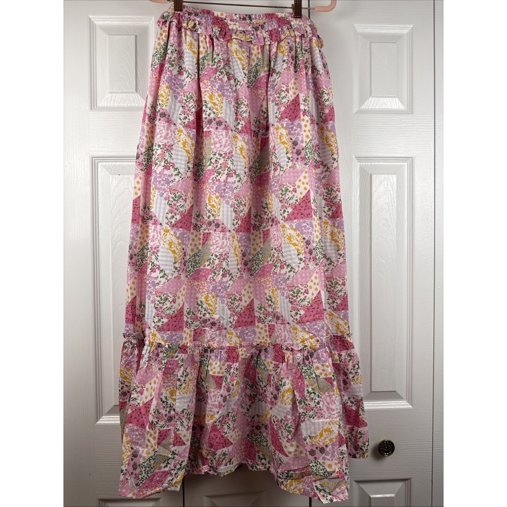 Simply Southern Ophelia Pink Floral Cotton Tiered Maxi Skirt Pockets L BOHO NWT